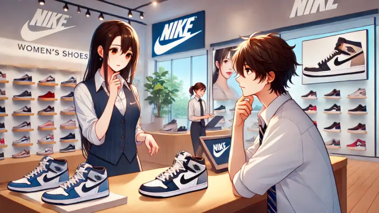 Anime-style illustration of a high school boy observing women's shoes in a Nike store as a clerk explains.